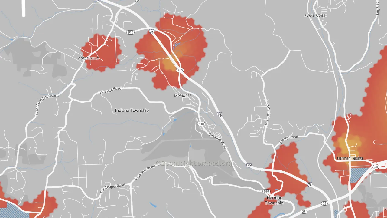 Walk Grade map of 15051, PA, walkable areas in green and car-dependent areas in red