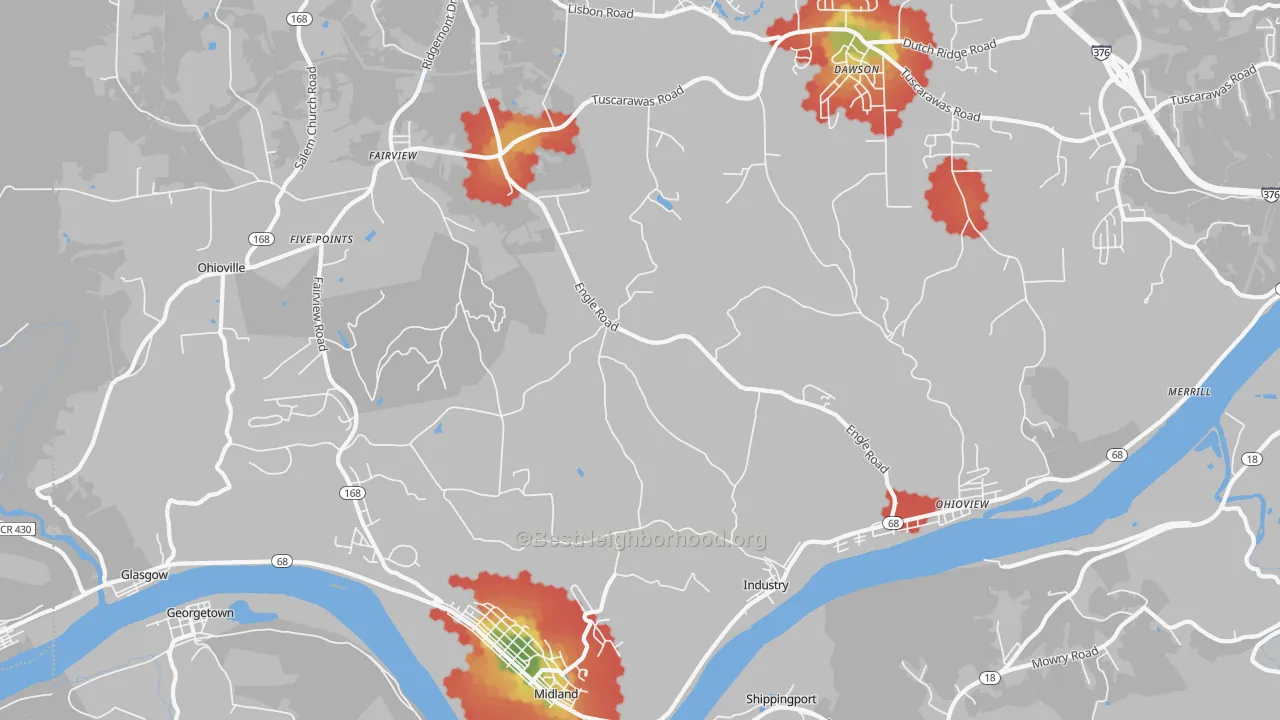Walk Grade map of 15052, PA, walkable areas in green and car-dependent areas in red