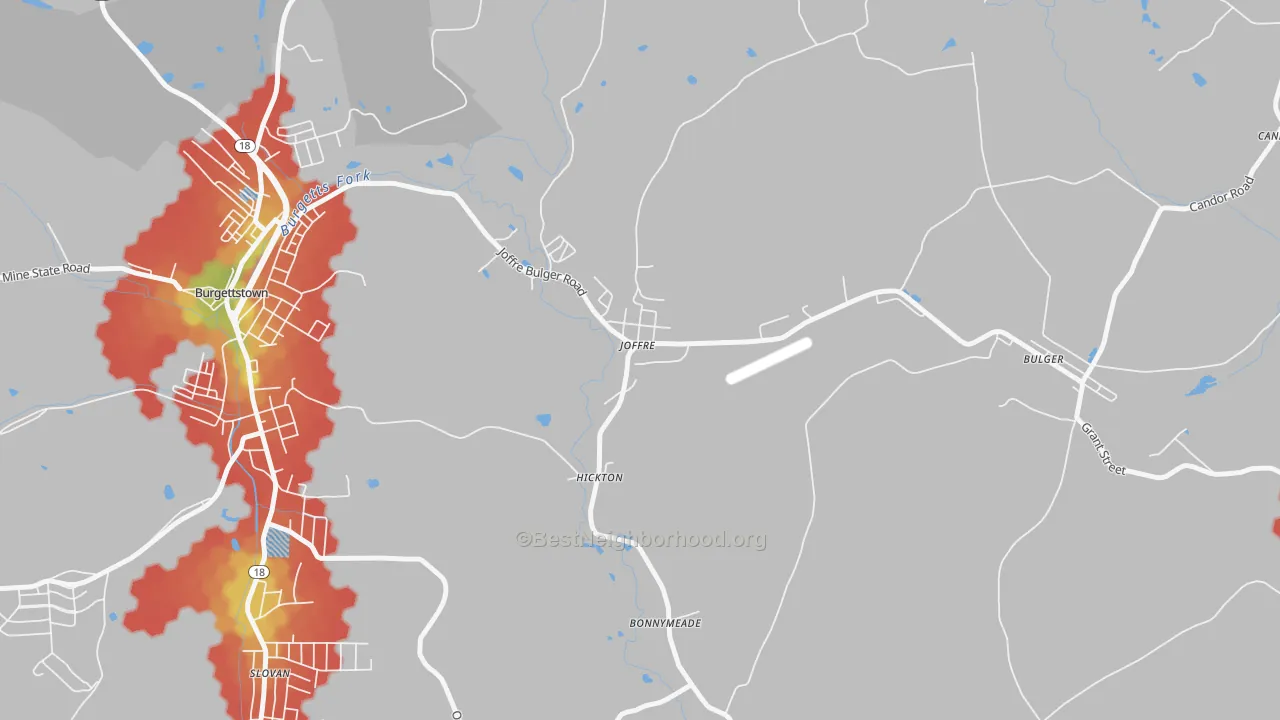 Walk Grade map of 15053, PA, walkable areas in green and car-dependent areas in red
