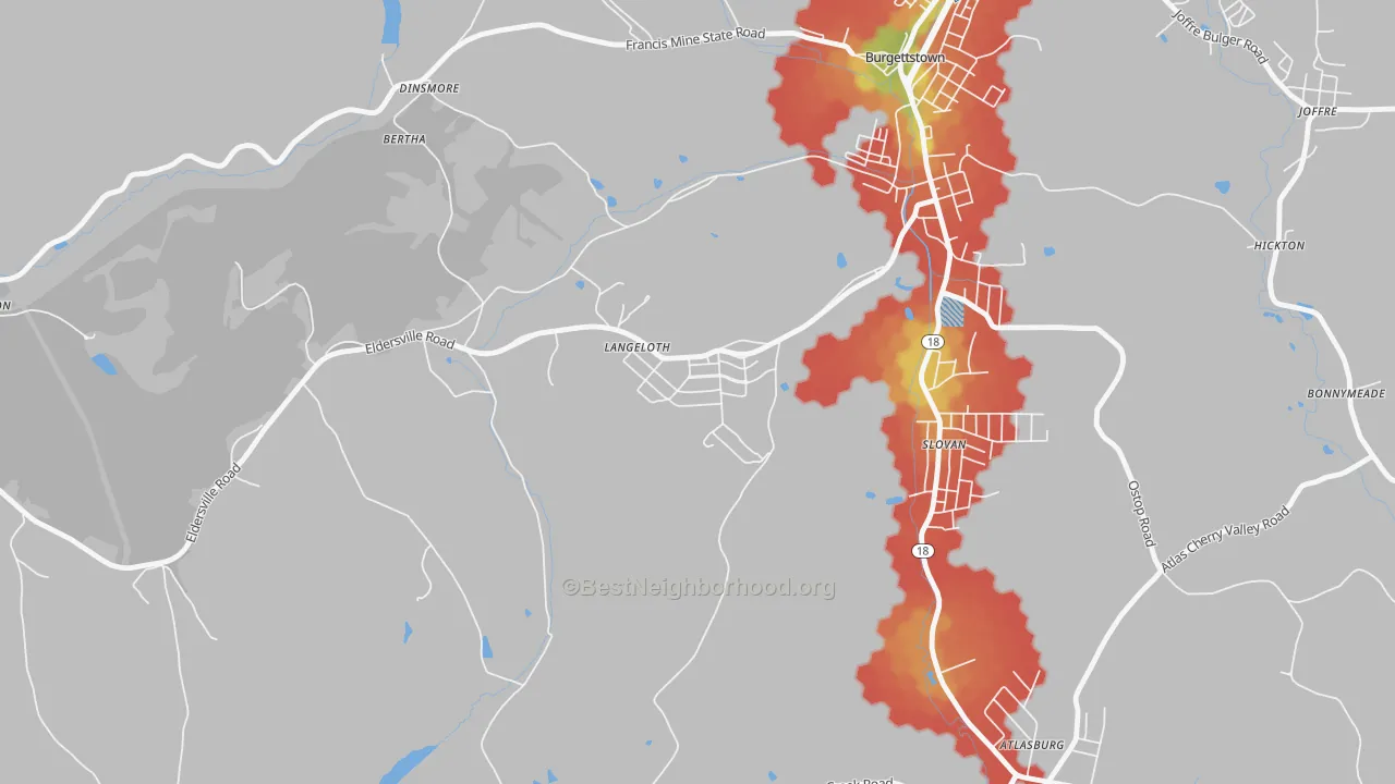 Walk Grade map of 15054, PA, walkable areas in green and car-dependent areas in red