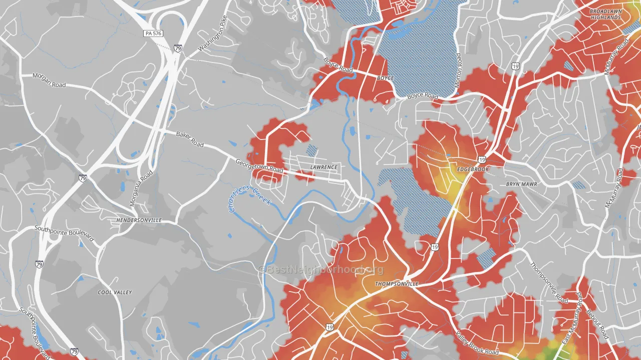 Walk Grade map of 15055, PA, walkable areas in green and car-dependent areas in red
