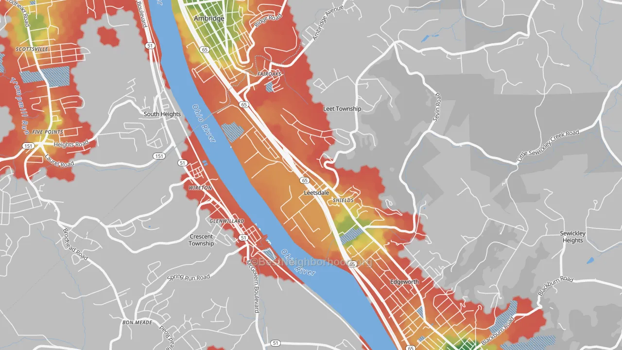 Walk Grade map of 15056, PA, walkable areas in green and car-dependent areas in red