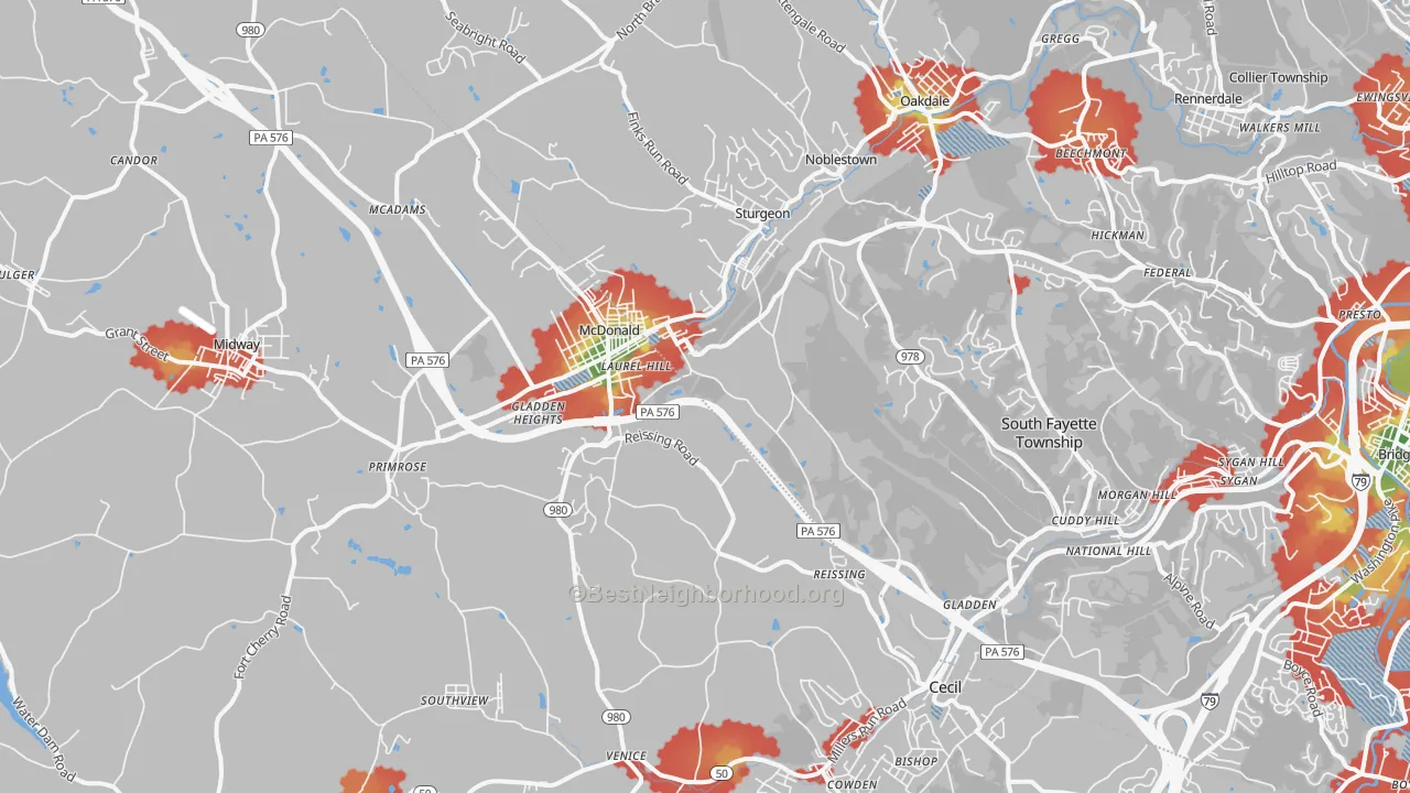Walk Grade map of 15057, PA, walkable areas in green and car-dependent areas in red