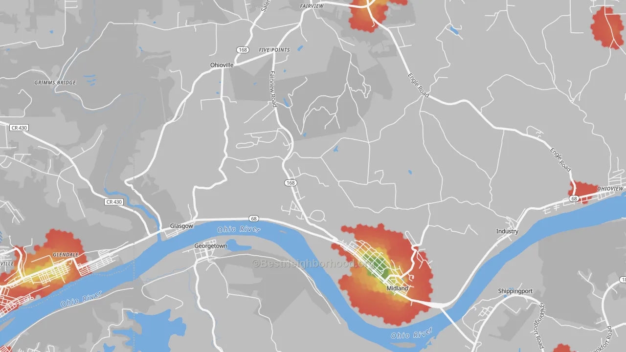 Walk Grade map of 15059, PA, walkable areas in green and car-dependent areas in red
