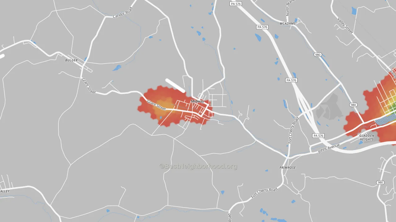 Walk Grade map of 15060, PA, walkable areas in green and car-dependent areas in red