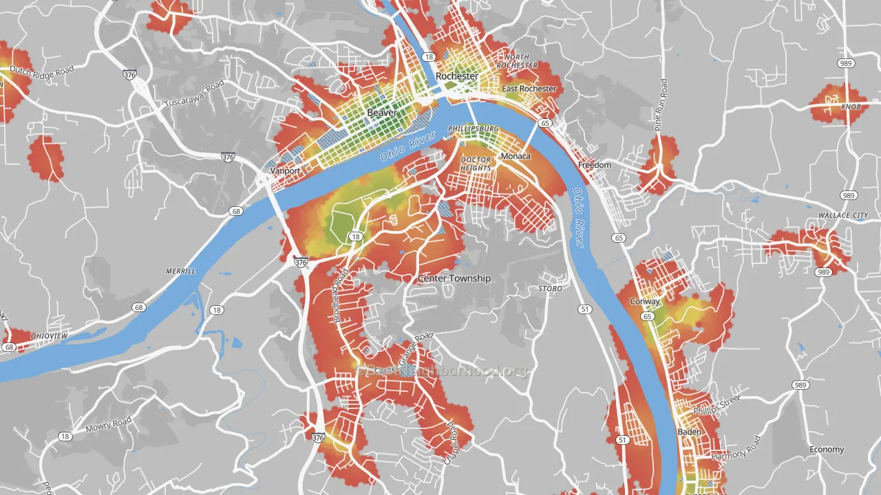 Walk Grade map of 15061, PA, walkable areas in green and car-dependent areas in red