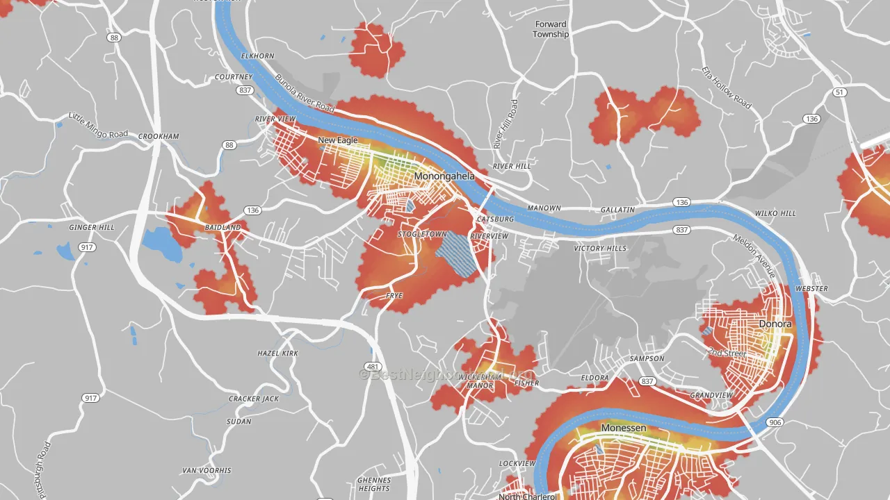 Walk Grade map of 15063, PA, walkable areas in green and car-dependent areas in red
