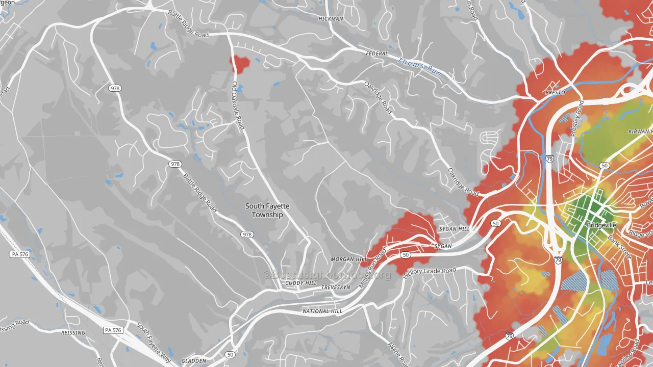 Walk Grade map of 15064, PA, walkable areas in green and car-dependent areas in red