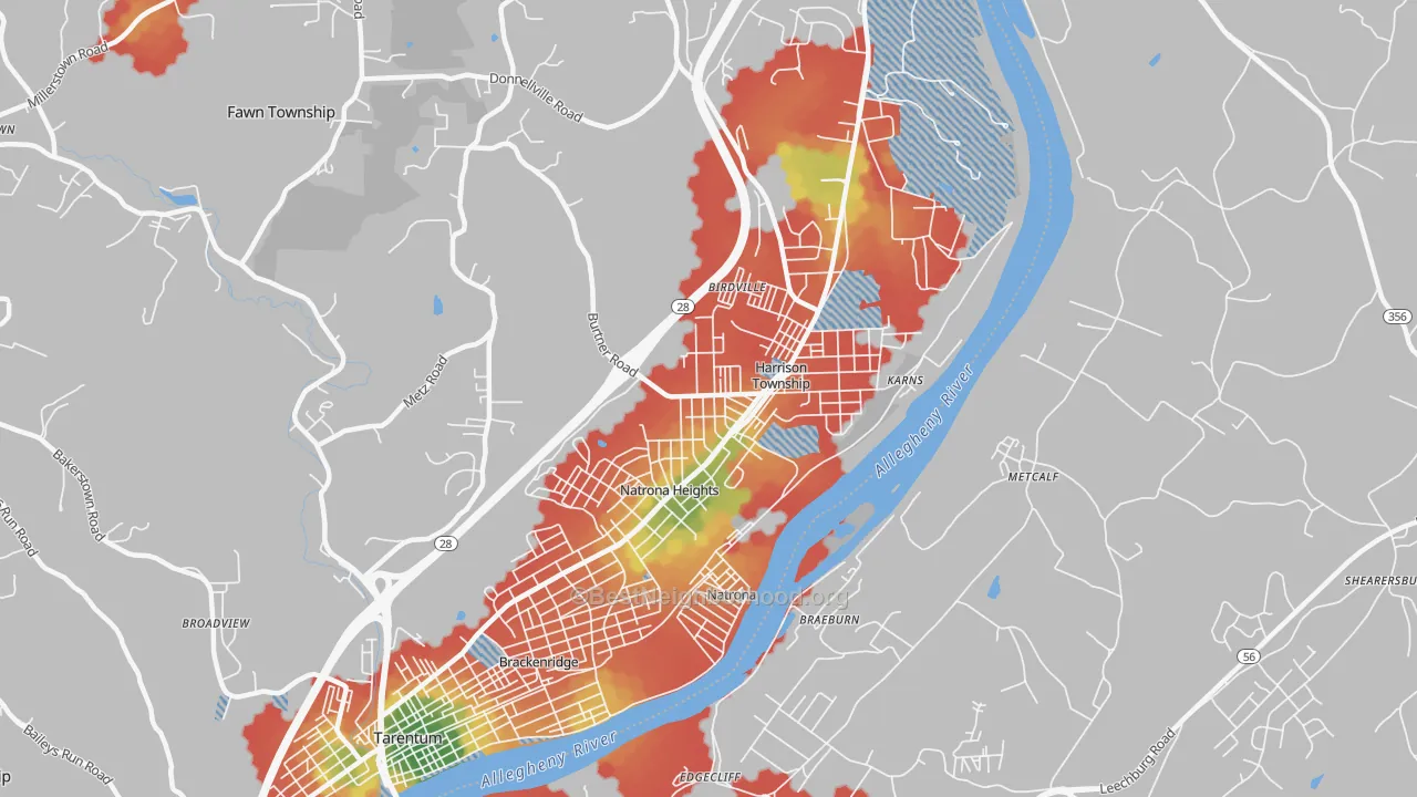 Walk Grade map of 15065, PA, walkable areas in green and car-dependent areas in red