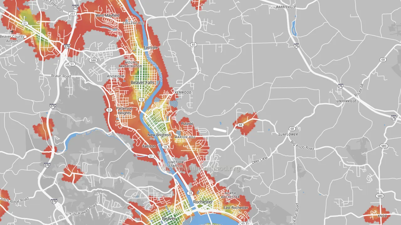 Walk Grade map of 15066, PA, walkable areas in green and car-dependent areas in red