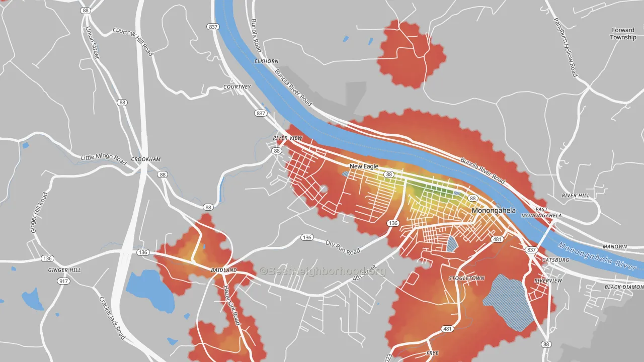 Walk Grade map of 15067, PA, walkable areas in green and car-dependent areas in red