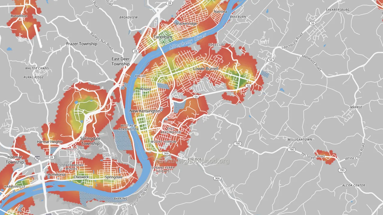 Walk Grade map of 15068, PA, walkable areas in green and car-dependent areas in red