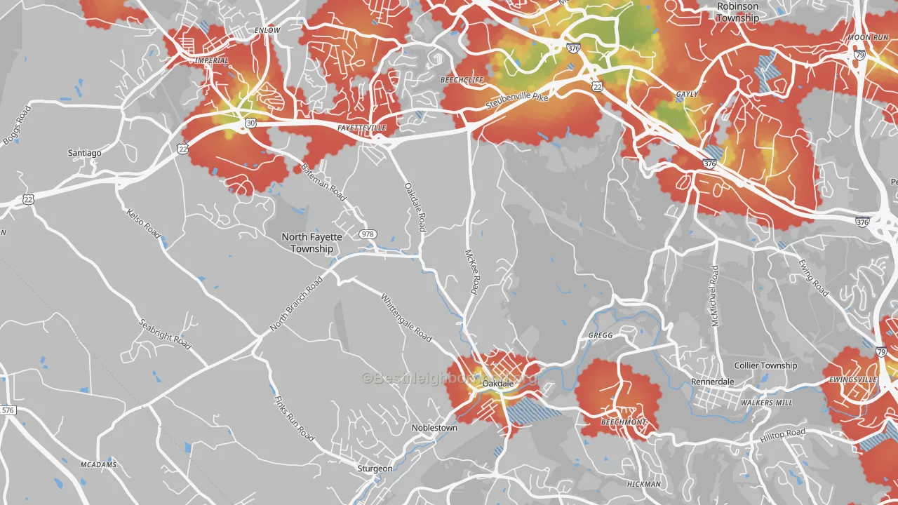 Walk Grade map of 15071, PA, walkable areas in green and car-dependent areas in red