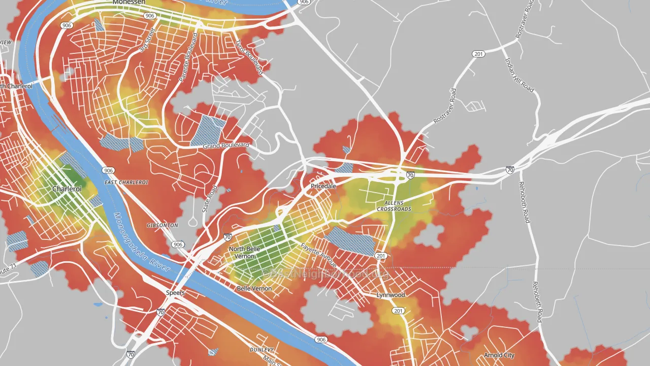 Walk Grade map of 15072, PA, walkable areas in green and car-dependent areas in red