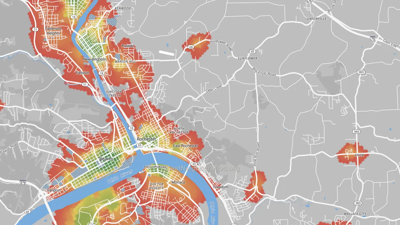 Walk Grade map of 15074, PA, walkable areas in green and car-dependent areas in red