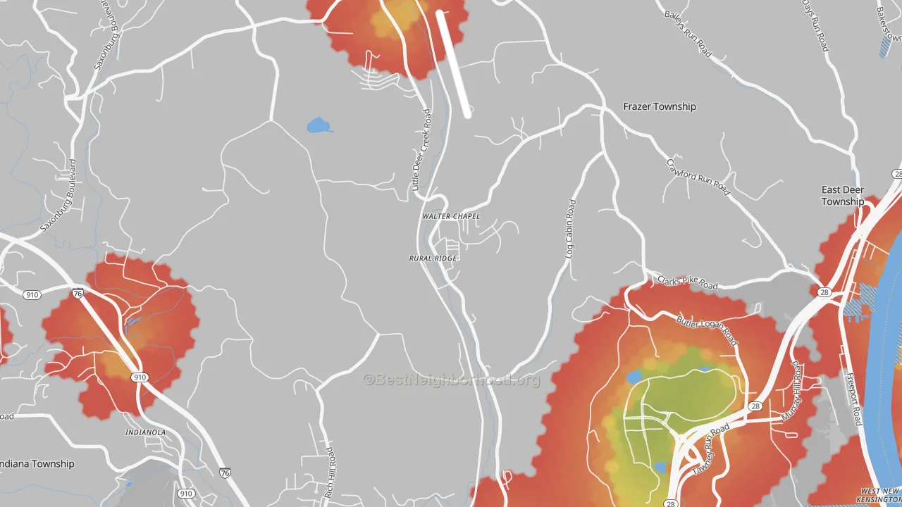 Walk Grade map of 15075, PA, walkable areas in green and car-dependent areas in red