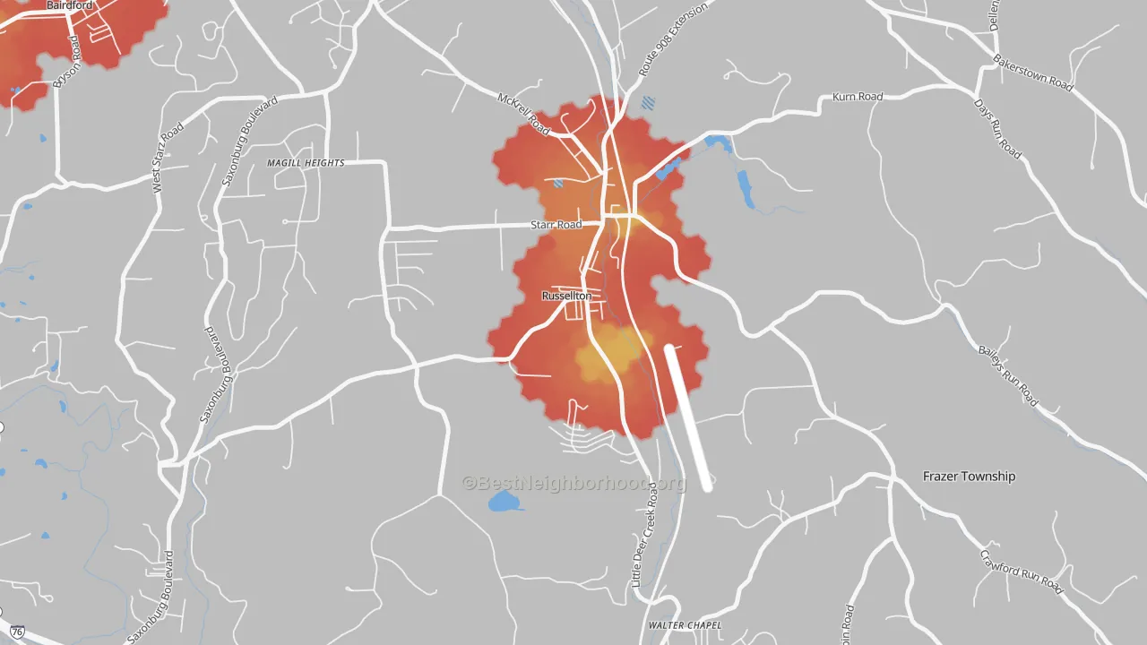 Walk Grade map of 15076, PA, walkable areas in green and car-dependent areas in red