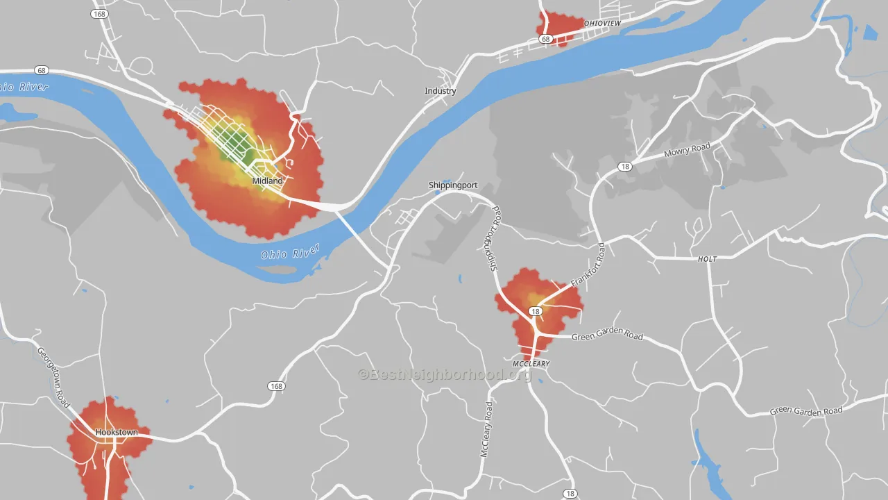 Walk Grade map of 15077, PA, walkable areas in green and car-dependent areas in red