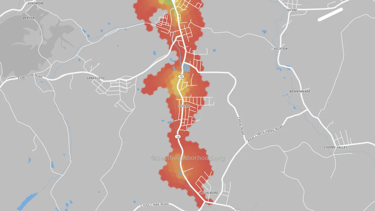 Walk Grade map of 15078, PA, walkable areas in green and car-dependent areas in red