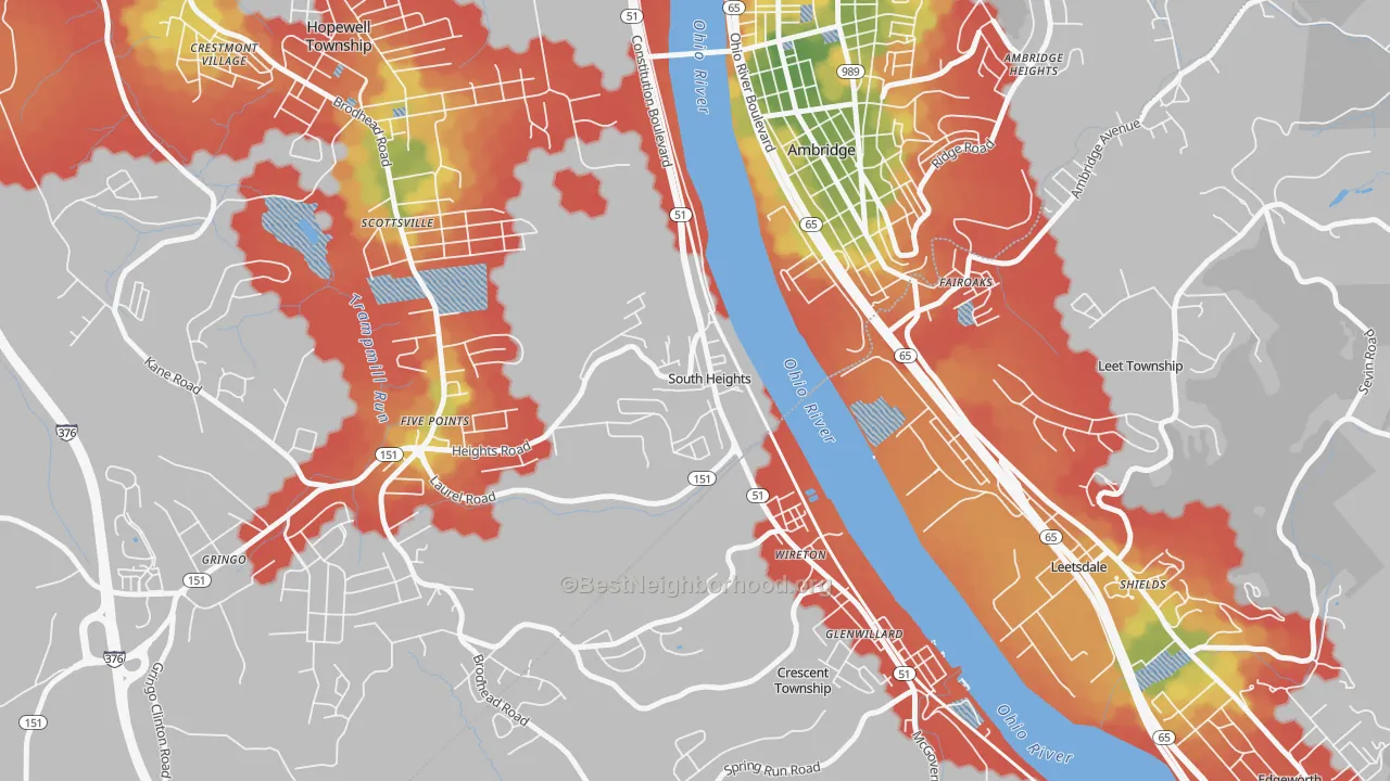 Walk Grade map of 15081, PA, walkable areas in green and car-dependent areas in red