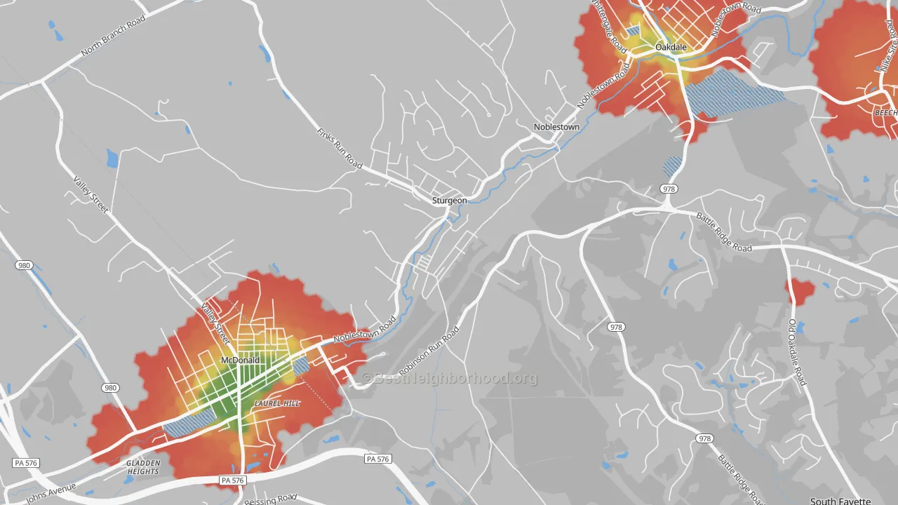 Walk Grade map of 15082, PA, walkable areas in green and car-dependent areas in red