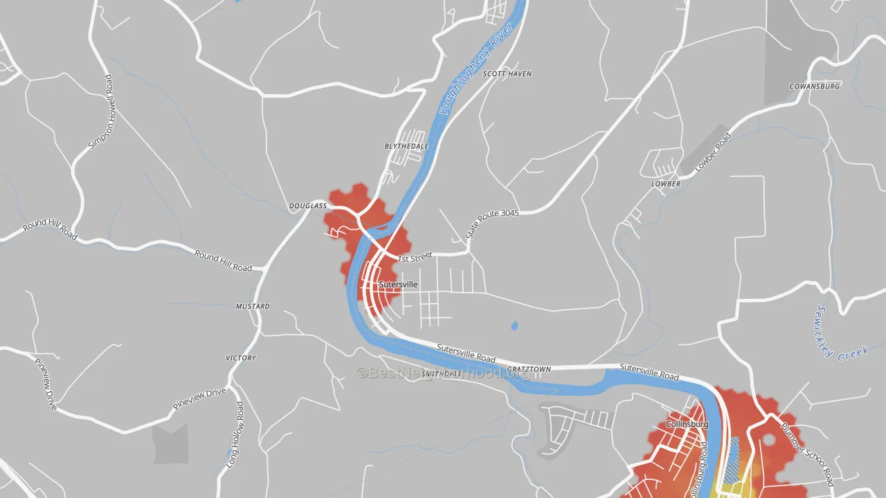 Walk Grade map of 15083, PA, walkable areas in green and car-dependent areas in red