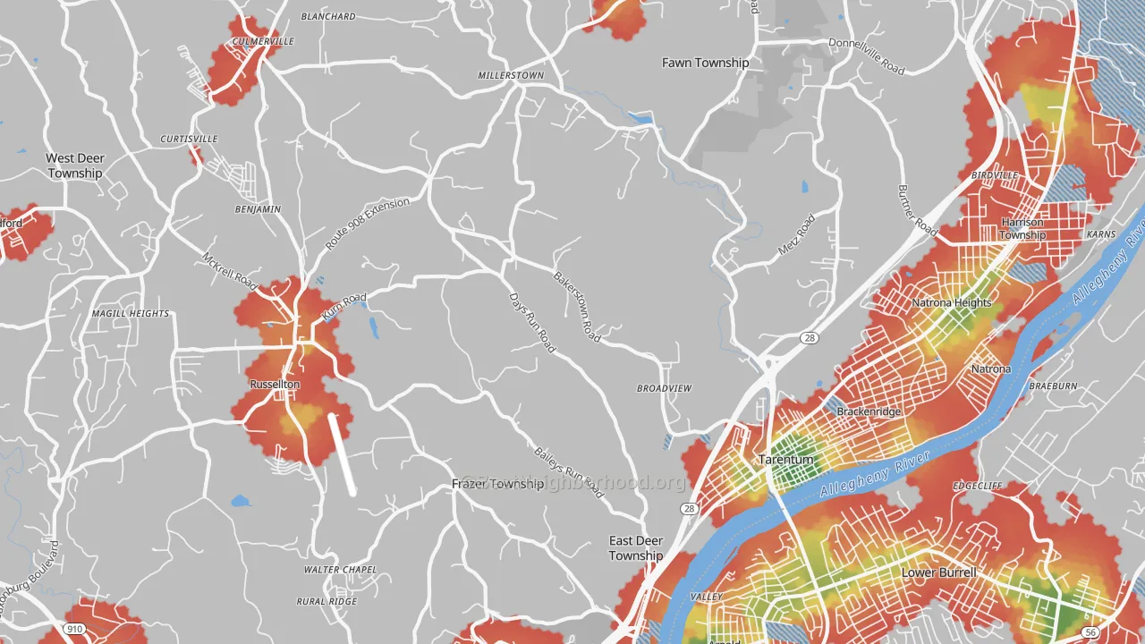 Walk Grade map of 15084, PA, walkable areas in green and car-dependent areas in red