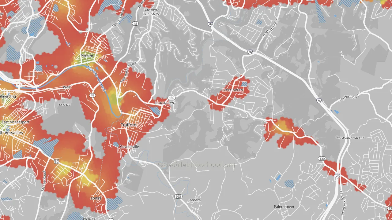 Walk Grade map of 15085, PA, walkable areas in green and car-dependent areas in red