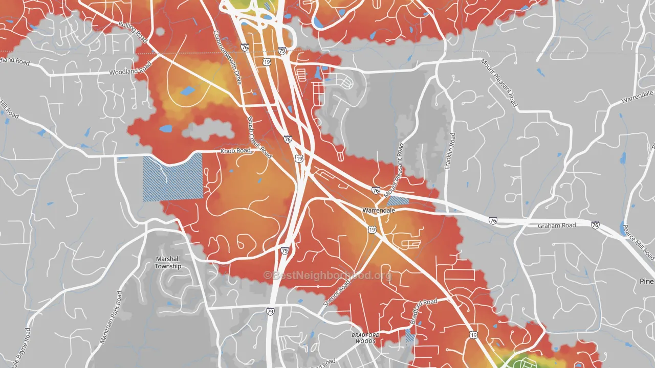 Walk Grade map of 15086, PA, walkable areas in green and car-dependent areas in red