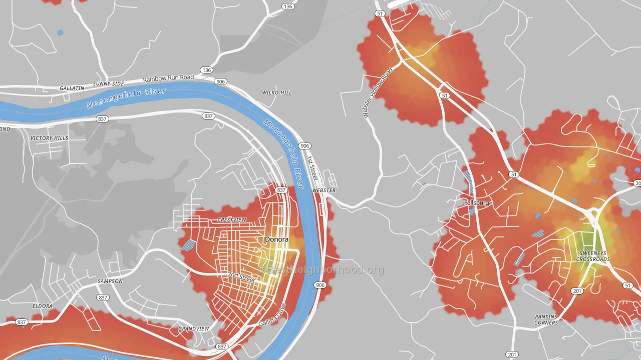 Walk Grade map of 15087, PA, walkable areas in green and car-dependent areas in red
