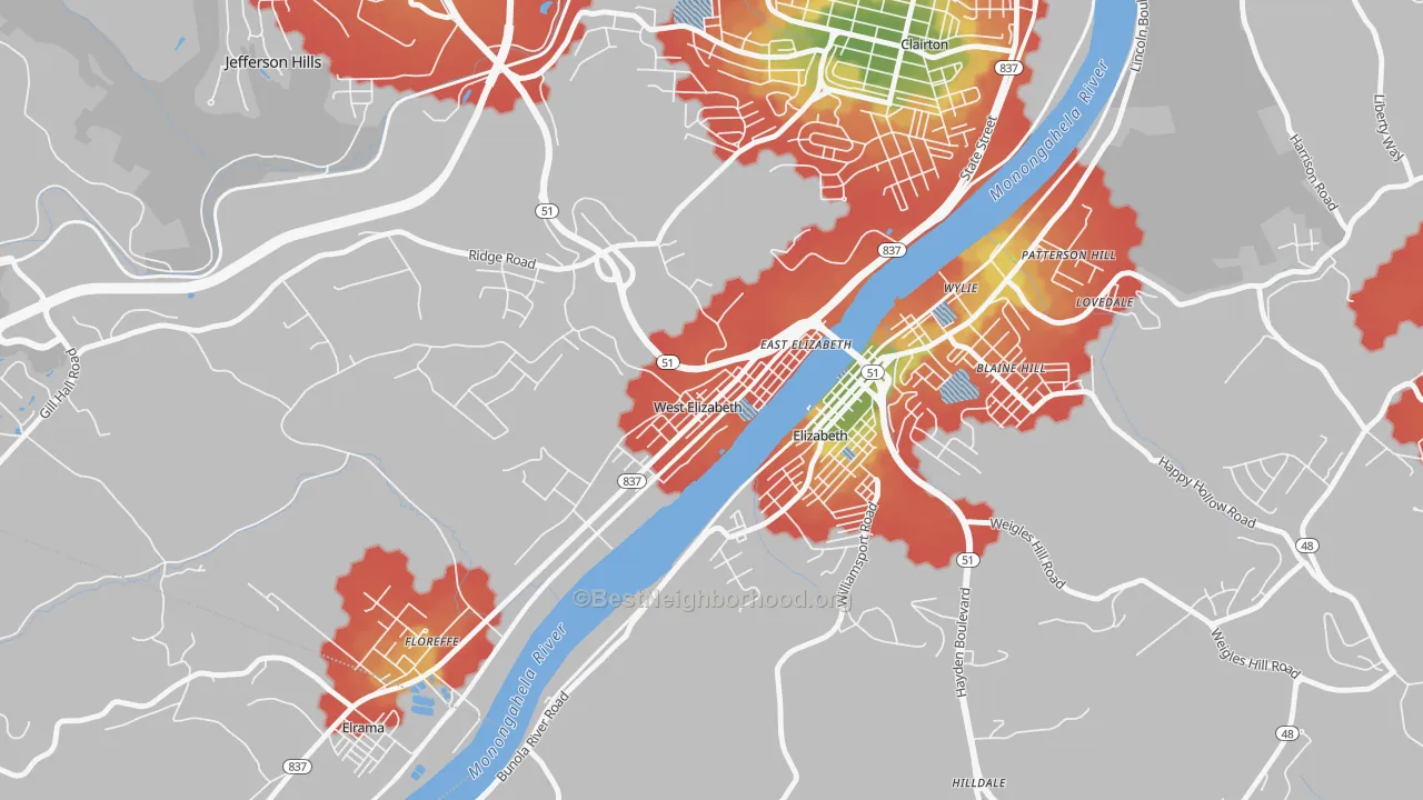 Walk Grade map of 15088, PA, walkable areas in green and car-dependent areas in red