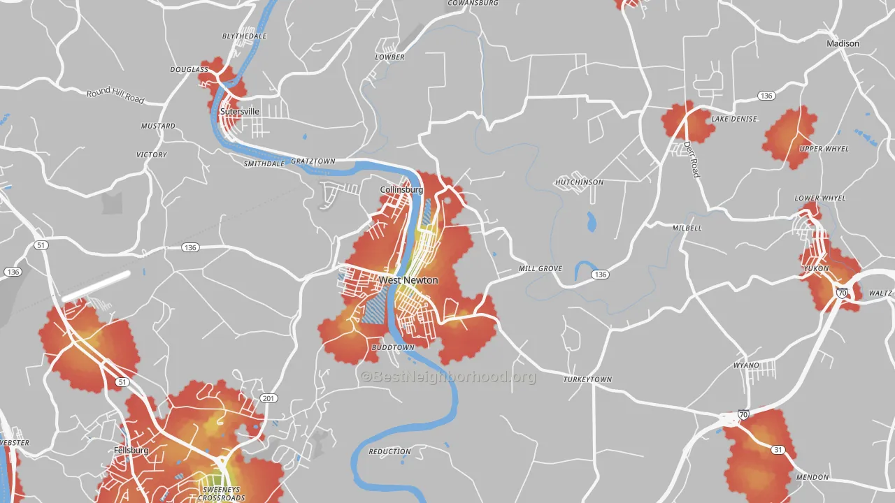 Walk Grade map of 15089, PA, walkable areas in green and car-dependent areas in red