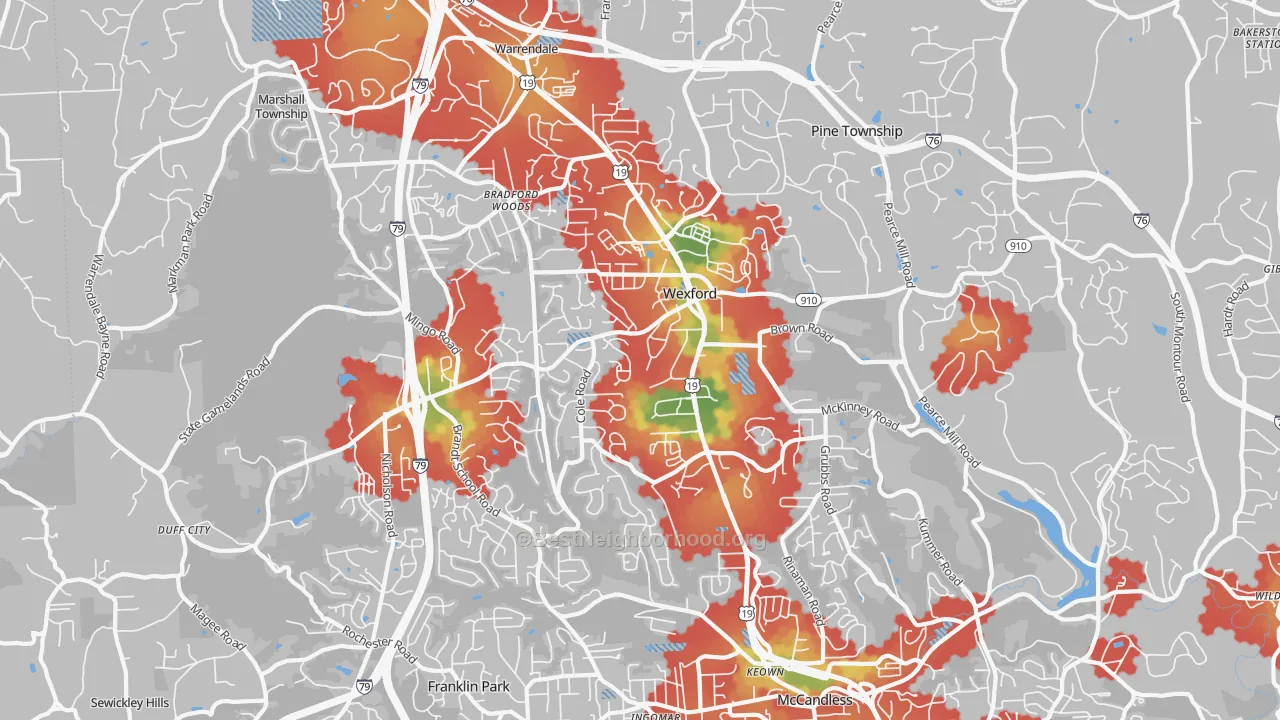 Walk Grade map of 15090, PA, walkable areas in green and car-dependent areas in red