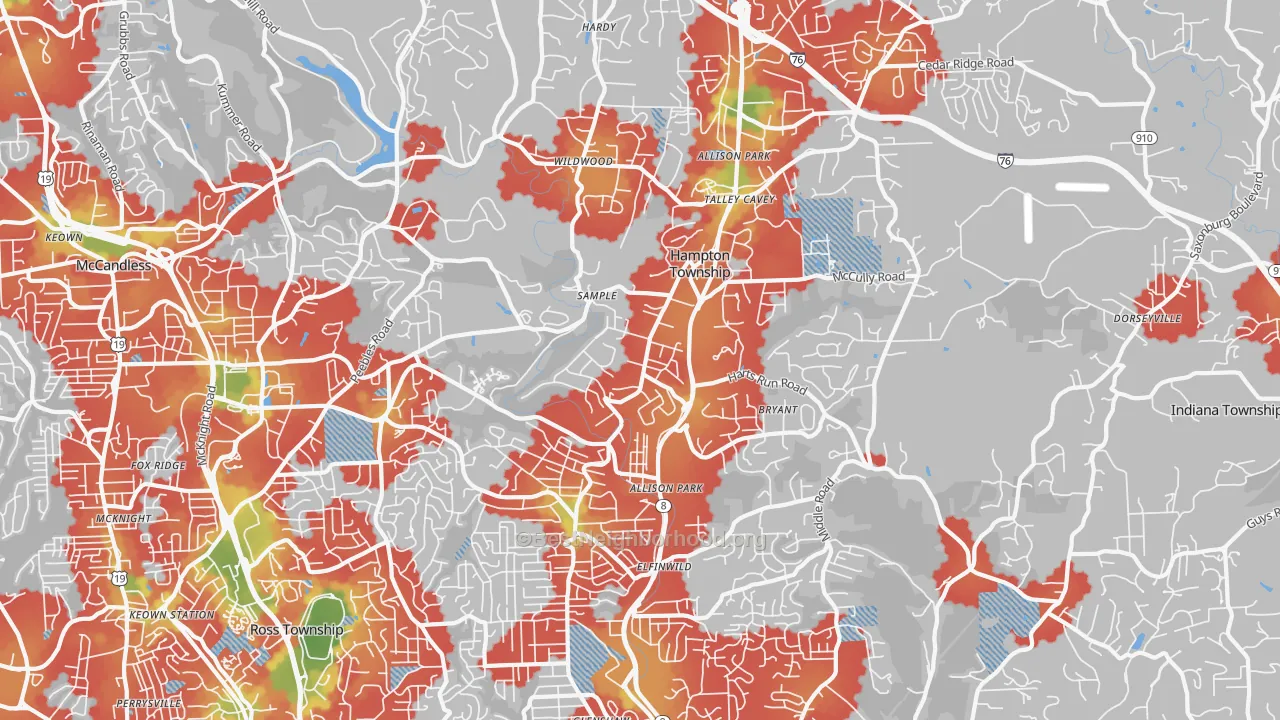 Walk Grade map of 15101, PA, walkable areas in green and car-dependent areas in red