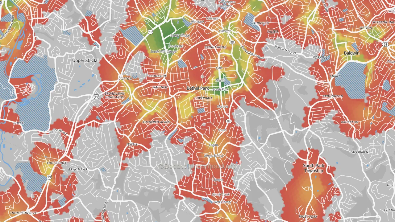 Walk Grade map of 15102, PA, walkable areas in green and car-dependent areas in red