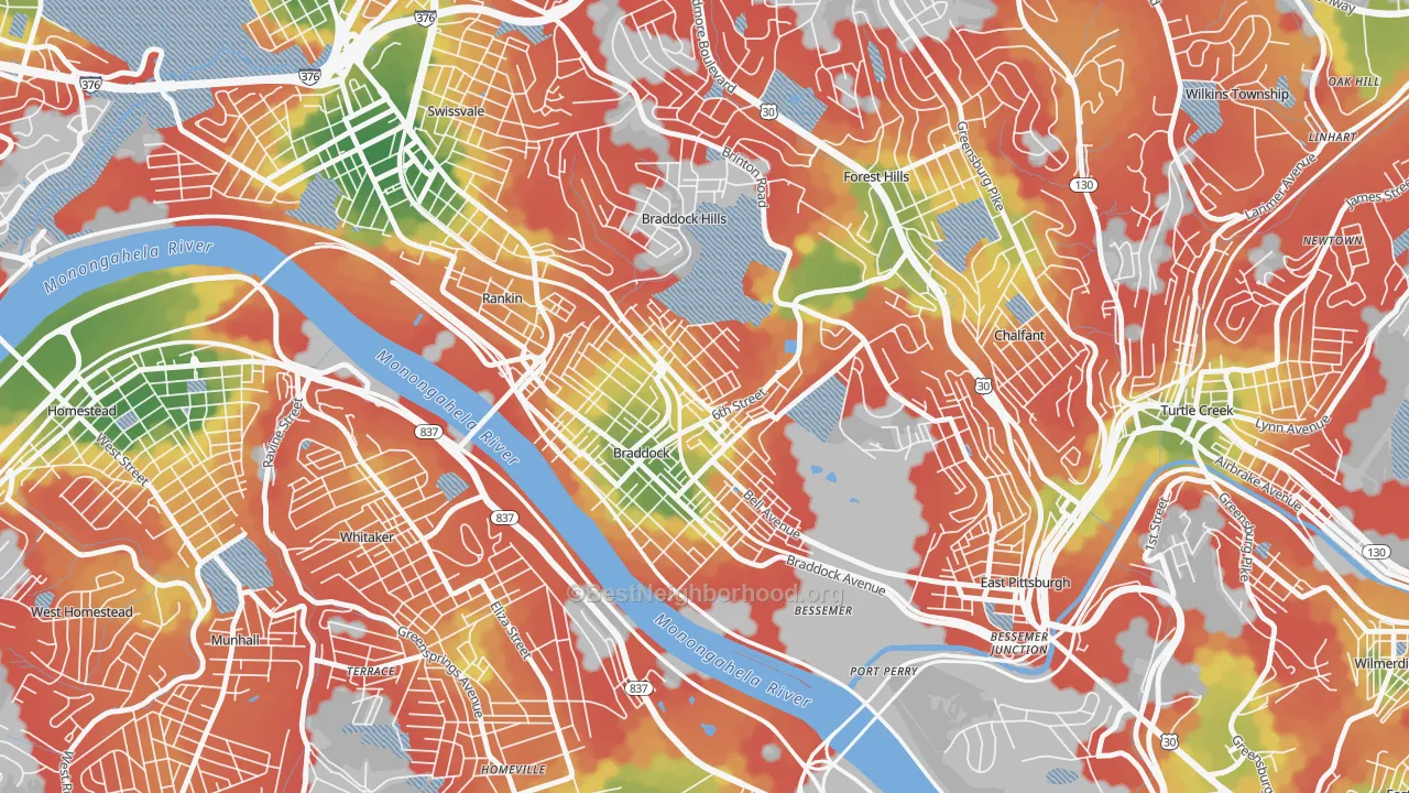Walk Grade map of 15104, PA, walkable areas in green and car-dependent areas in red