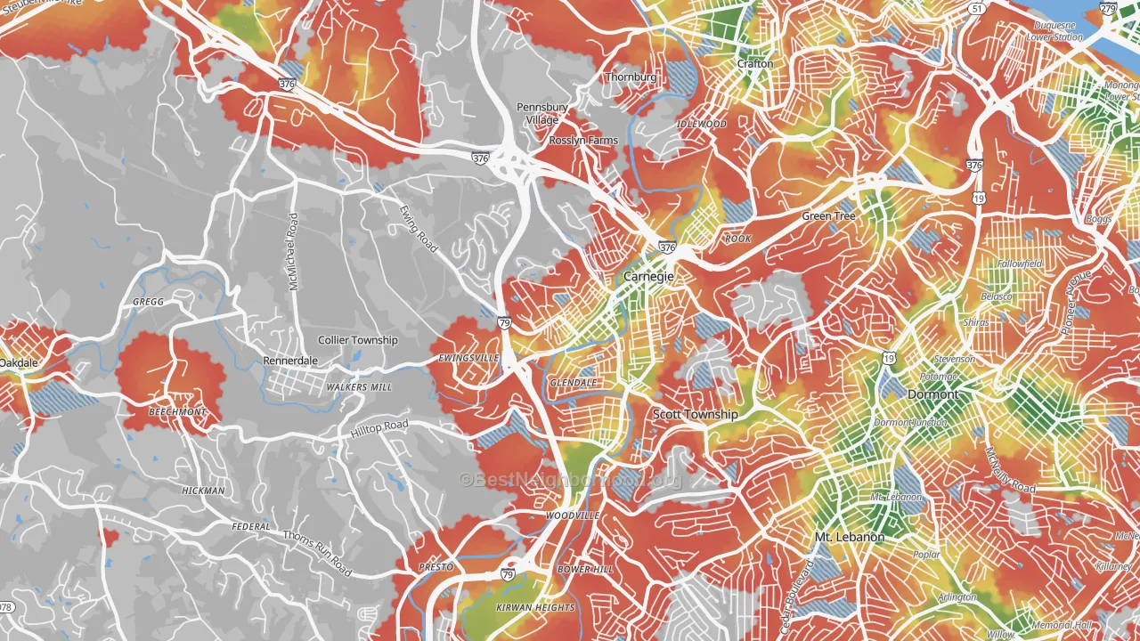 Walk Grade map of 15106, PA, walkable areas in green and car-dependent areas in red