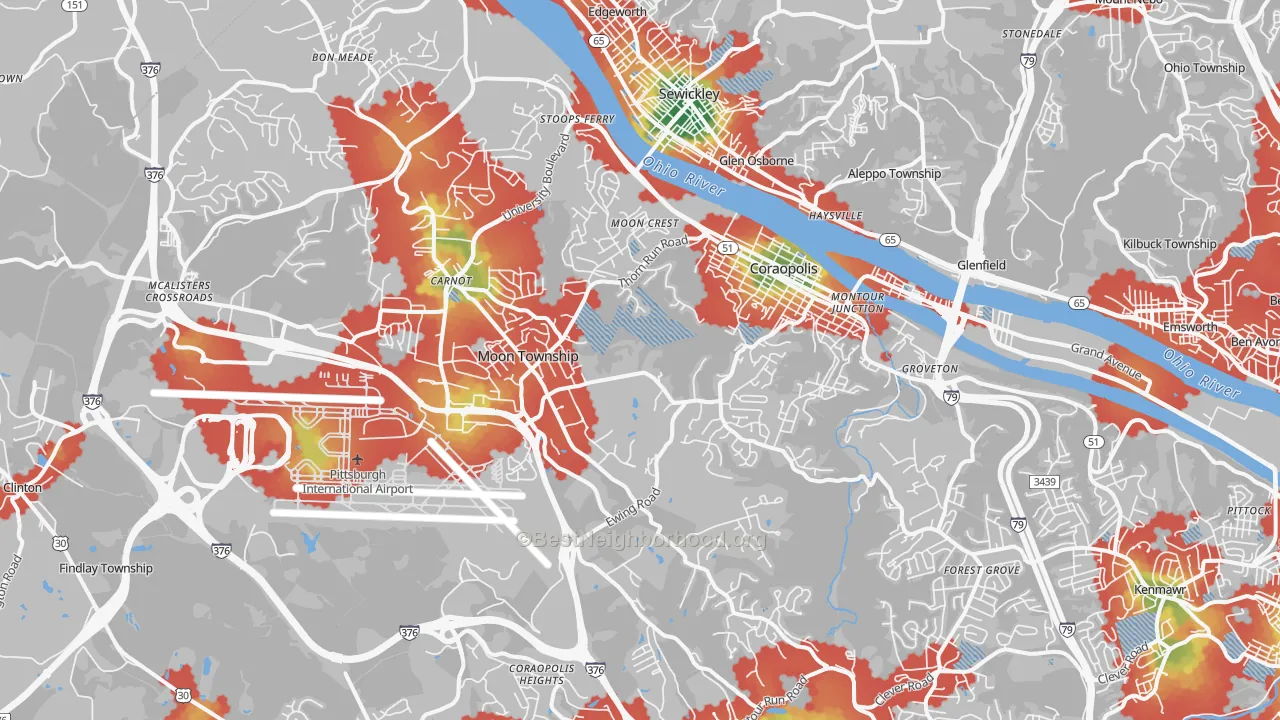 Walk Grade map of 15108, PA, walkable areas in green and car-dependent areas in red