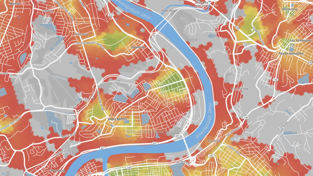 Walk Grade map of 15110, PA, walkable areas in green and car-dependent areas in red
