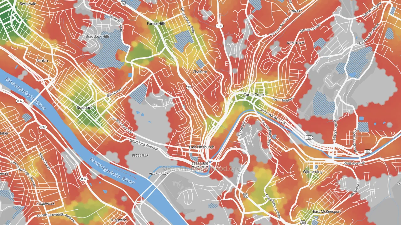 Walk Grade map of 15112, PA, walkable areas in green and car-dependent areas in red