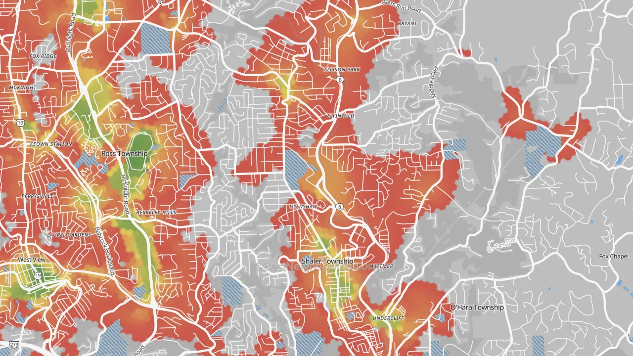 Walk Grade map of 15116, PA, walkable areas in green and car-dependent areas in red