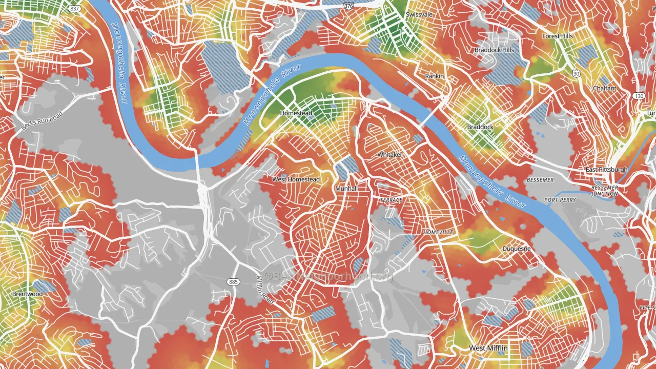 Walk Grade map of 15120, PA, walkable areas in green and car-dependent areas in red