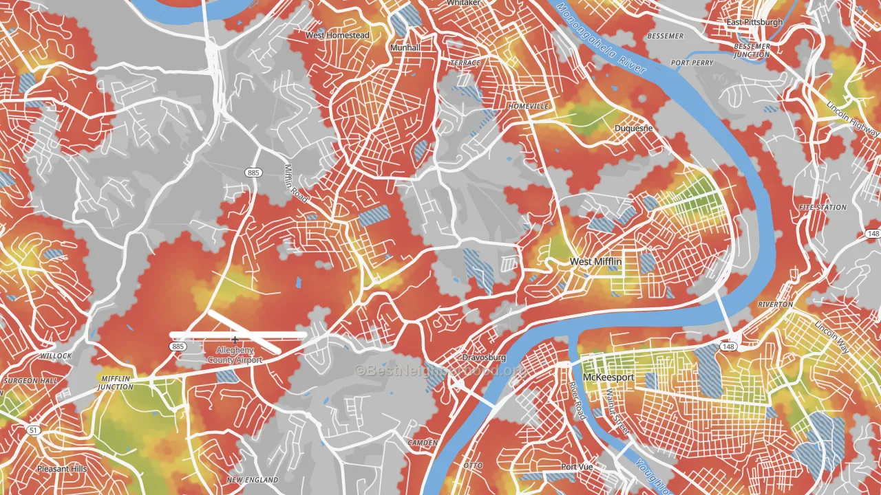 Walk Grade map of 15122, PA, walkable areas in green and car-dependent areas in red