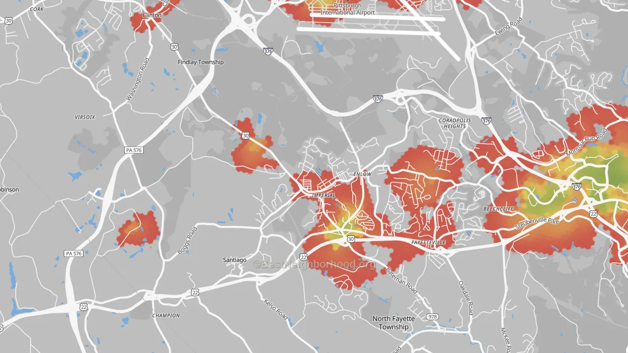Walk Grade map of 15126, PA, walkable areas in green and car-dependent areas in red