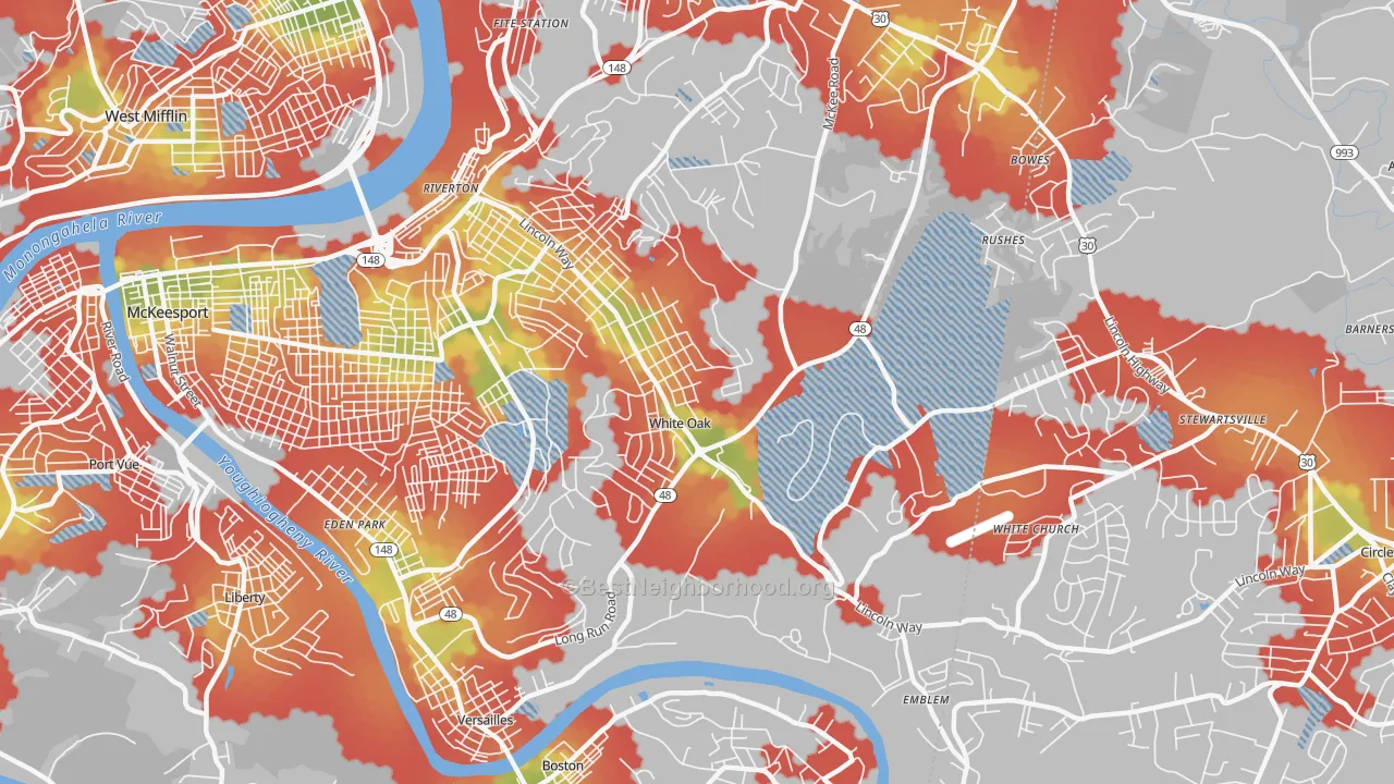 Walk Grade map of 15131, PA, walkable areas in green and car-dependent areas in red
