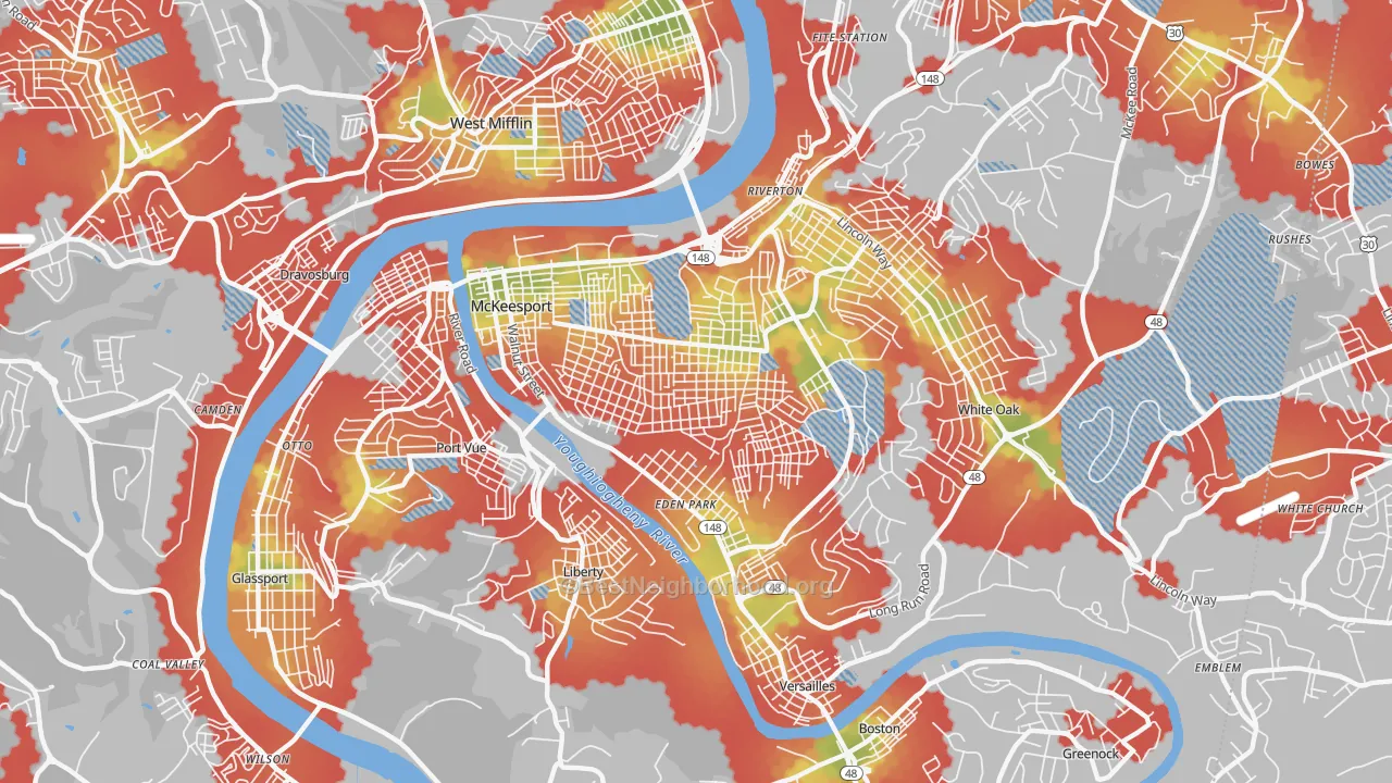 Walk Grade map of 15132, PA, walkable areas in green and car-dependent areas in red
