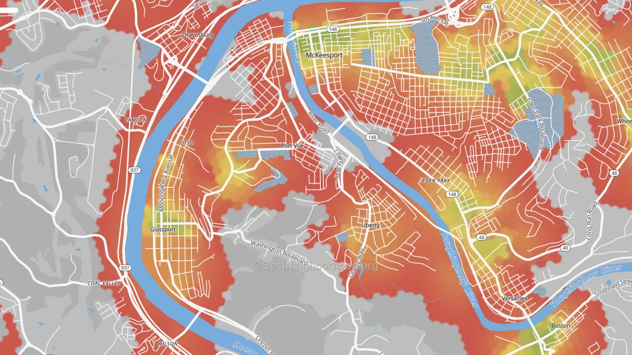 Walk Grade map of 15133, PA, walkable areas in green and car-dependent areas in red