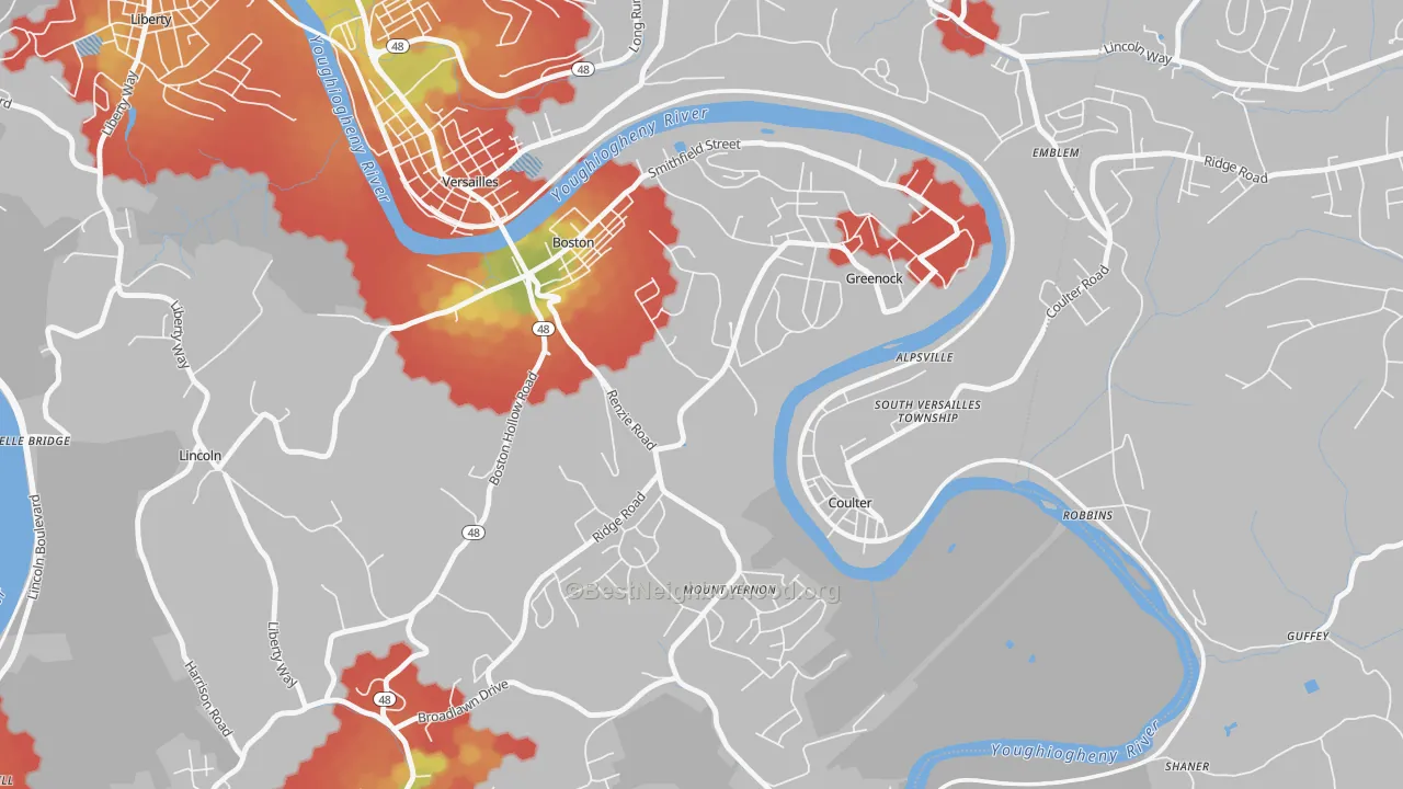 Walk Grade map of 15135, PA, walkable areas in green and car-dependent areas in red
