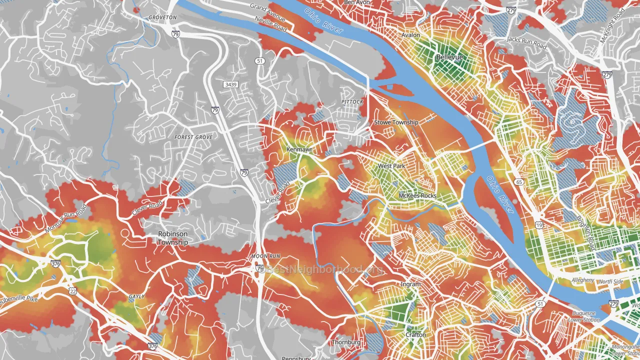 Walk Grade map of 15136, PA, walkable areas in green and car-dependent areas in red