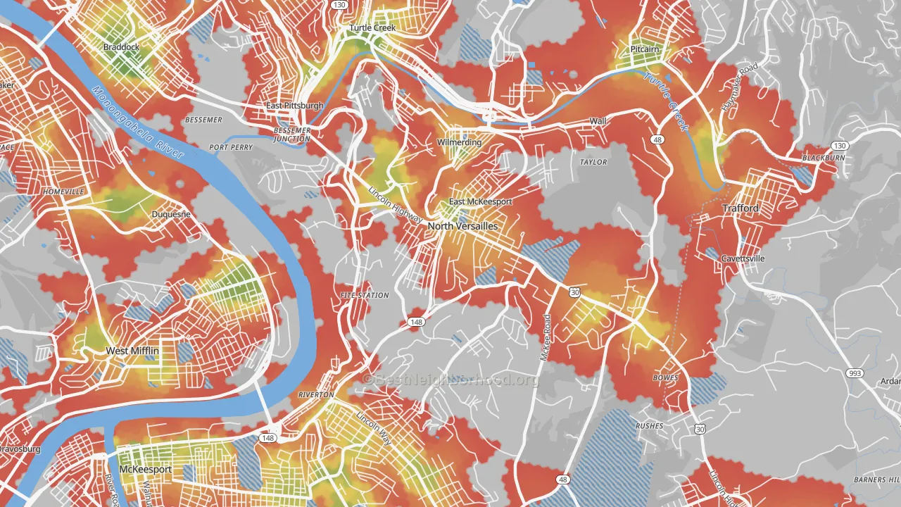 Walk Grade map of 15137, PA, walkable areas in green and car-dependent areas in red